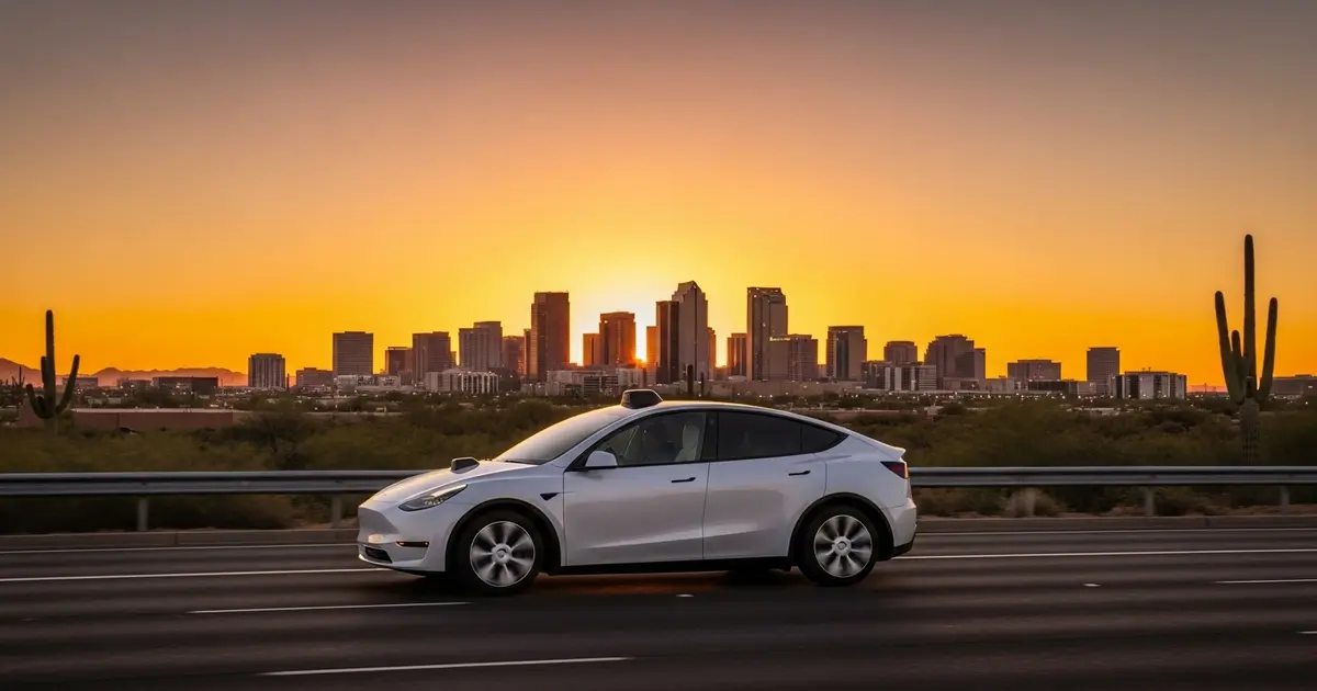 Imagem de um carro da Tesla com a logo do Robotaxi, em uma rua do Arizona.
