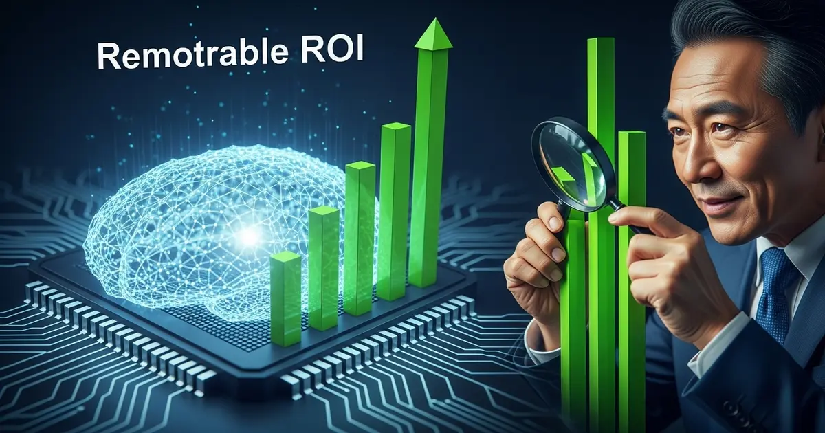 Imagem ilustrativa do artigo sobre ROI em IA com um gráfico de crescimento e um cérebro digital.