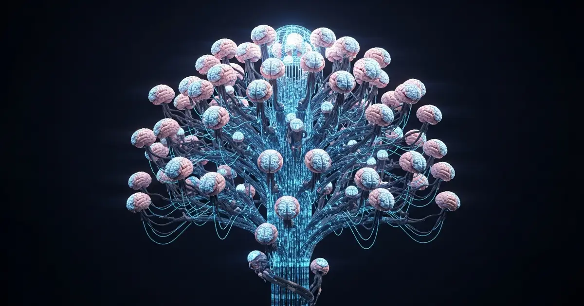 Visão artística do Sakana AI TreeQuest mostrando uma árvore de decisão com múltiplos modelos de IA colaborando.