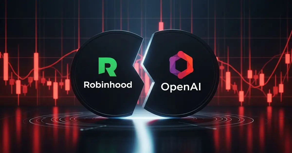Ilustração de tokens digitais com os logos da OpenAI e Robinhood, simbolizando o conflito.